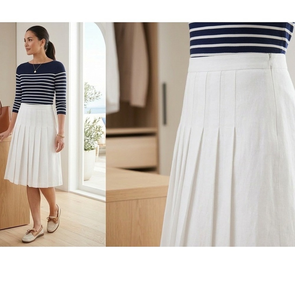 Ann Taylor Loft Petites White 100% Linen Pleated A-Line Skirt Size‎ 14P